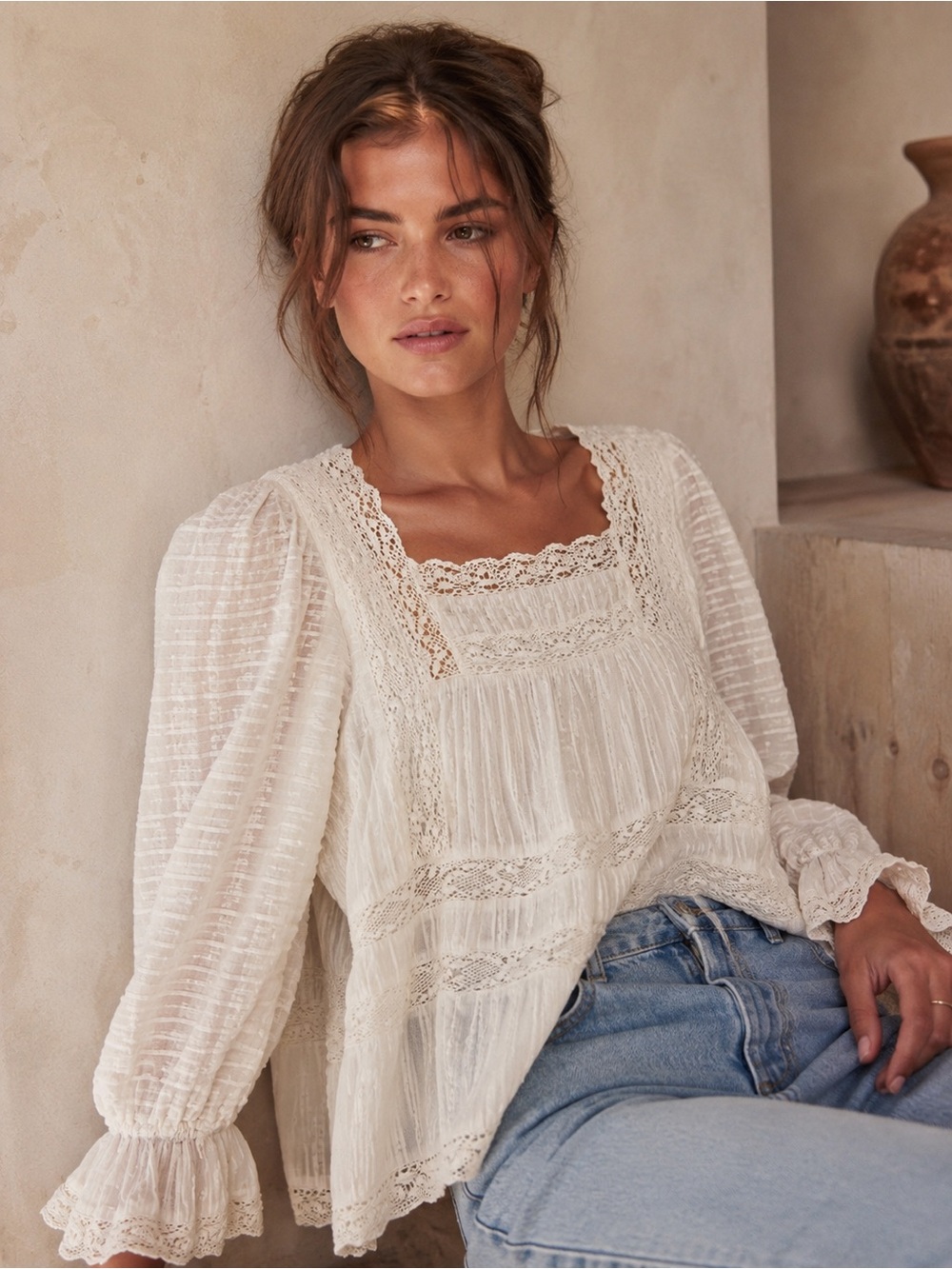 Jennifer & Grace Cotton Crochet Blouse | Cottagecore Prairie Top | Size Small
